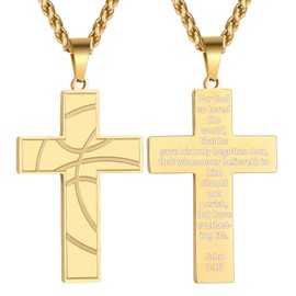 GLITTO Basketball Cross Necklace for Men Boys Kids Stainless Steel Pendant Chain Religious Christian Baptism First Communion Confirmation Jewelry Gift Christmas Valentine's Day John 3:16 Gold