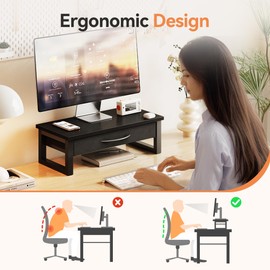 Computer Monitor Stand Riser, Desk Organizers and Accessories with Drawer, 2-Tier Laptop Stand for Desk, Office Organizer Storage, Wood