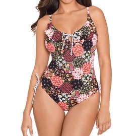 Skinny Dippers Jellyroll Rosalina Underwire Ruffle Neckline One Piece Swimsuit, Black, Small