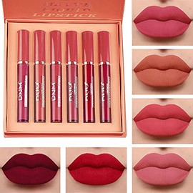 6Pcs Matte Liquid Lipstick Set Lip Stain Makeup Kit, 24 Hour Long Lasting Waterproof Dark Red Stay on Matte Matt Lipsticks Lip Sets for Women Matt Liquid Lippies labiales matte larga duracion 24 C-01