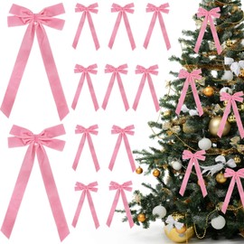 TONIFUL 12 Pack Pink Velvet Bows for Christmas Tree, Wreath Decor, Gift Wrapping, Chairs, Stairs, Mentel Decor, Wedding, Christmas, Birthday, Valentine Party & Home Decor(1" Width, 5 * 7 inch)