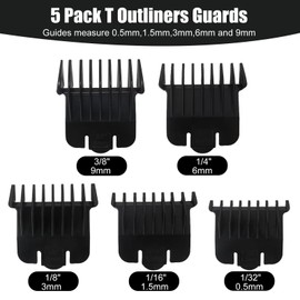 5 Pack Replacement Trimmer Guards Cutting by BLUE ELF for Andis T Outliner #04710#04521 Blade Snap-on Attachment Combs Set, Lengths from 1/32"-3/8" Inch Black