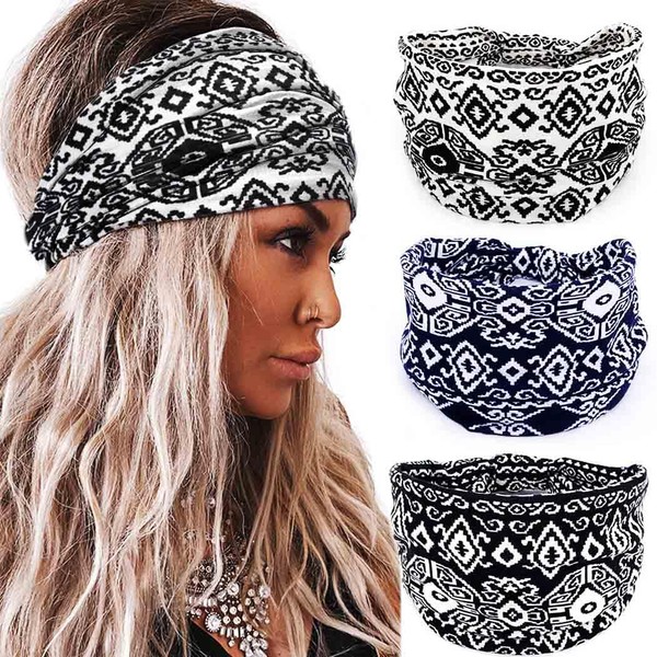 Aceorna Boho Headbands Wide Knotted Hairbands Stretch Printed Head Bands