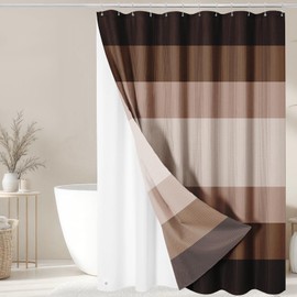 Nesphy Shower Curtain and Liner, Brown Striped 3 in 1 Shower Curtain and PEVA Liner Set with 12 Rust-Resistant Metal Hooks, Waterproof Fabric Shower Curtains for Bathroom, 72 W x 72 H
