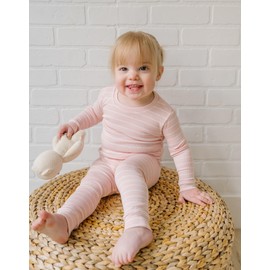 moimoln Stripe Viscose Baby Toddler Ribbed Pajamas Set Snug fit Pjs Daily Long Blanco Pastel Pink 2T