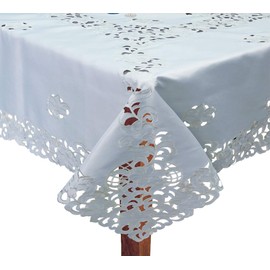 Creative Linens Embroidered Floral Tablecloth 68 Inch Square with 8 Napkins White