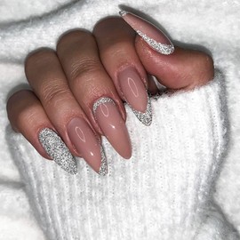 French Tip Press on Nails Long Almond Fake Nails Powder Sliver Glitter Design Glossy Acrylic Nails Decoration Full Cover Nail Tip Nude Pink False Nails for Women Girls Stick on Nails