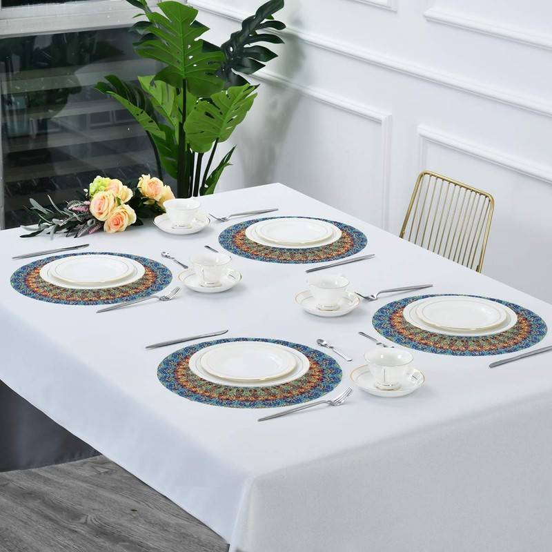 Qilmy Mandala Round Placemats Non-Slip Washable Polyester Table Mats Set