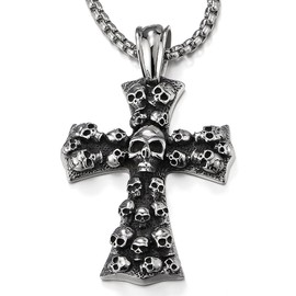 COOLSTEELANDBEYOND Mens Large Gothic Vintage Skulls Cross Pendant Necklace of Steel, 30 inches Wheat Chain