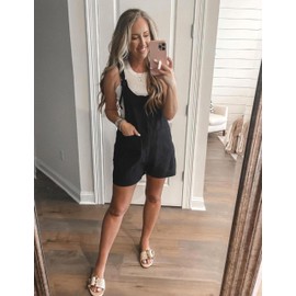 Hvewarm Women Summer Linen Overalls Shorts Loose Fit Sleeveless Knot Strap Cotton Short Romper Jumpsuits with Pockets(Black-M)