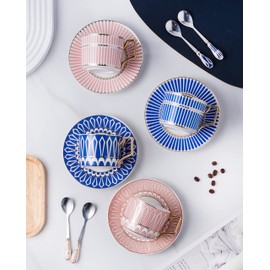 Jusalpha Set of 4 Elegant Modern Blue And Pink 7.4 oz Teacups and Saucers Set-Coffee Cup with Sauce and spoons, TCS27 (Blue/Pink, Serve of 4)