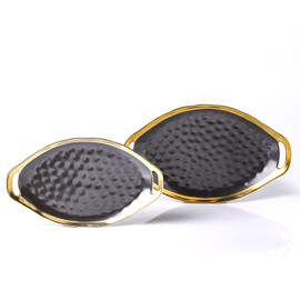 Stone Lain Florian Porcelain Large and Medium Oval Platters with Handle, Service Set, Black with Gold Rim