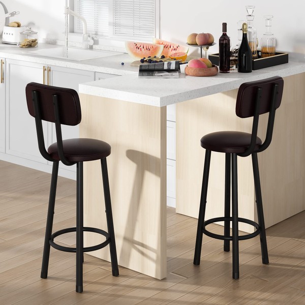 Lamerge Bar Stools, Set of 2 PU Upholstered Breakfast Stool, 24" Seat Heigh Barstools with Back and Footrest, Dining Room Kitchen Counter Bar, Brown Seat and Black Frame, Simple Assembly