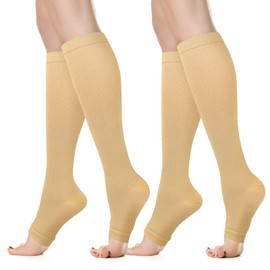 Viiotu Open Toe Compression Socks for Men & Women - 2 Pairs 15-20 mmHg Knee High Flight & Travel Socks for Circulation Support (Nude*2, S/M)