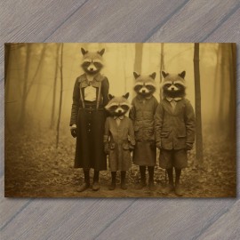 PaperMadDogScar POSTCARD Raccoon Family Weird Creepy Unusual Dressed Woods Odd Day Strange 🦝