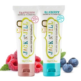 Jack N' Jill Pasta de dientes natural para niños, arándanos y frambuesa, orgánica, sin gluten, vegana, sin BPA, sin flúor, sin SLS, sin lácteos, hace que el cepillado de dientes sea divertido para los niños, 1.7 onzas (paquete de 2)