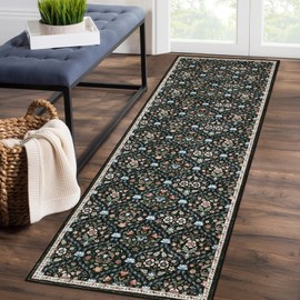 GarveeHome Vintage Runner Rug 2x6 Machine Washable Long Rug Non Slip Low Pile Kitchen Rugs Ultra-Thin Distressed Rugs Indoor Floor Cover for Bedroom Laundry Room, Black