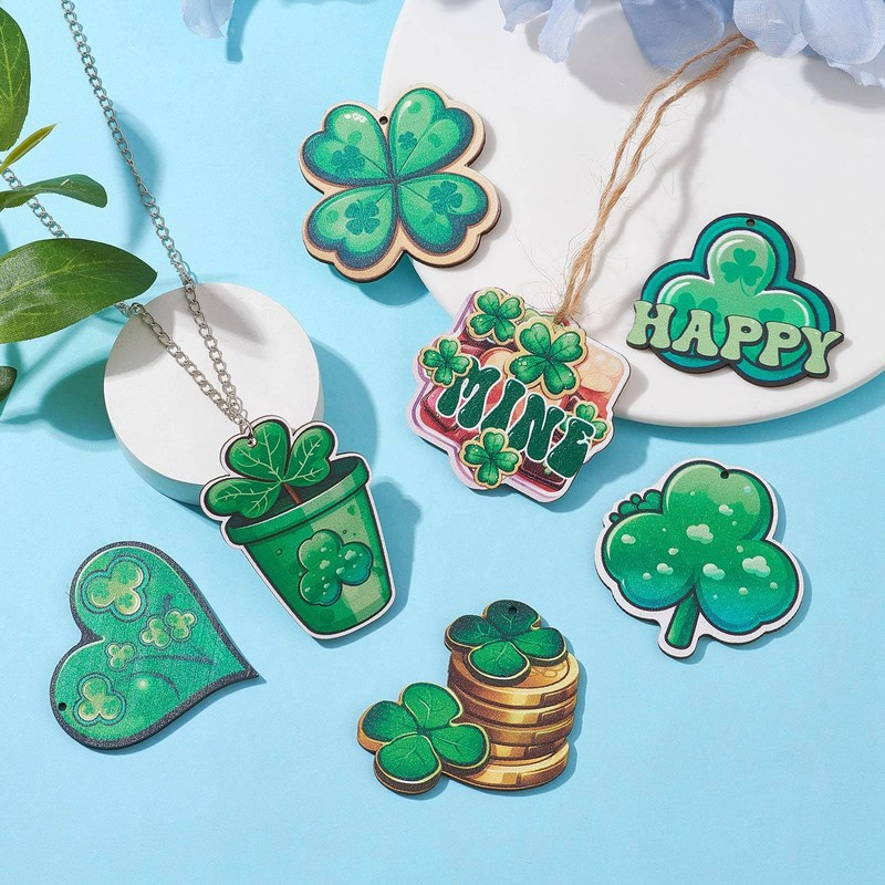 Stiesy 20Pcs 10 Styles Green Clover Wood Big Pendants Charms