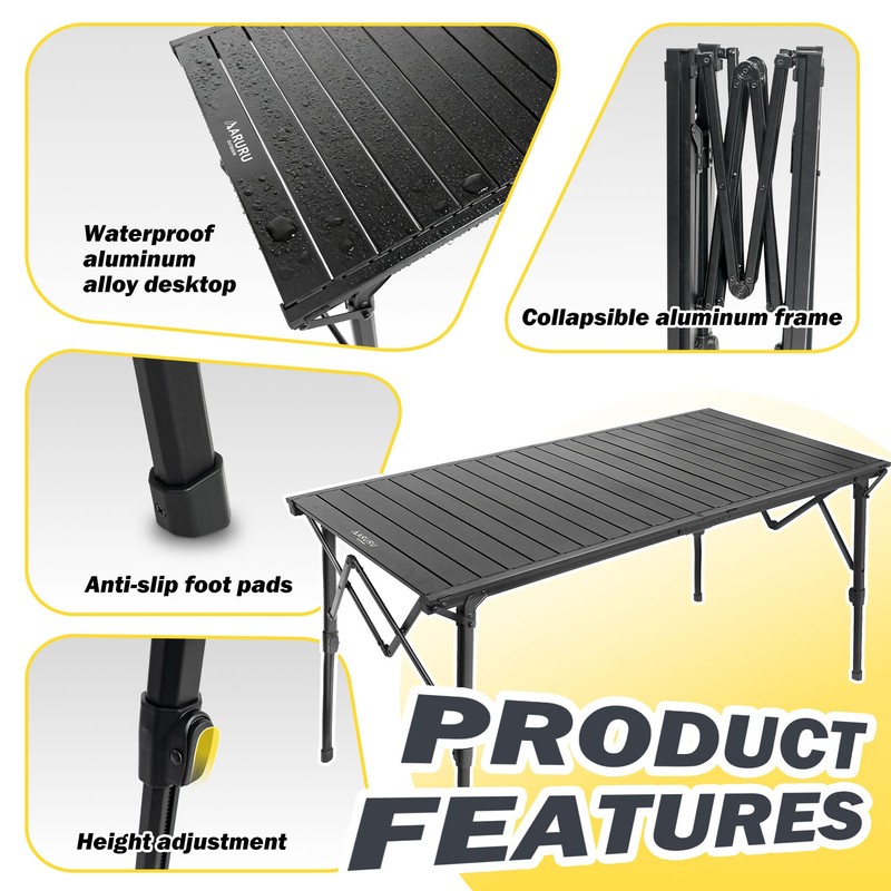 ARURU 50" Large Folding Camping Table with Adjustable Hight Legs