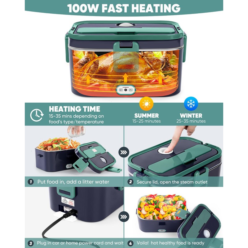 Eocolz Electric Lunch Box Food Heater Warmer 100W, 1.8L Portable