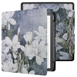 WALNEW Case for 10.2 inch Kindle Scribe 2022, PU Leather Protective Case for Kindle Scribe (The First Kindle with Write) with Pen Holder and Auto Wake/Sleep (White Flowers)