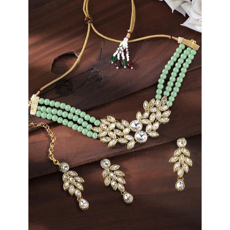 Aheli Bridal Crystal Pearl Gargantilla Collar con pendientes de caída