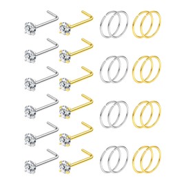 28PCS 18G Hypoallergenic Nose Rings Hoops Studs - 316L Stainless Steel Nose Ring for Women Men - Silver and Gold L Shaped CZ Nose Stud Hoop Nostril Piercings Jewelry Set 2.5mm CZ