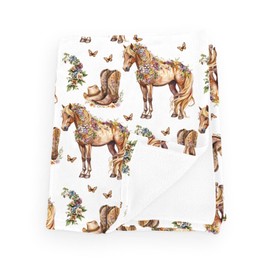 Wicbfdfv Vintage Western Cowgirl Horse Butterflies Baby Blanket Girls Boys Retro Cowgirls Boot Hat Wild Flowers Swaddle Flannel Receiving Blankets Breathable Newborn Infant Toddler Kid Crib Bedding