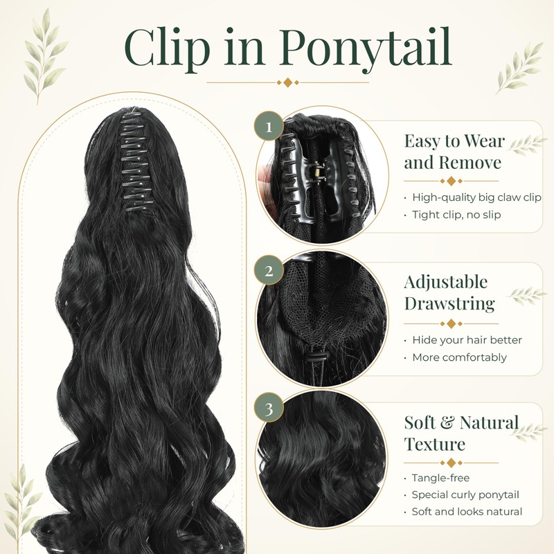 Claw Clip Ponytail Extensions Wavy Natural Black 24 Inch