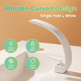 Geobella Bathroom Sink Faucet Modern White Single Hole 1-Handle Faucet, Solid Brass Faucets, Mount Curved Lavatory Faucets Mixer Tap