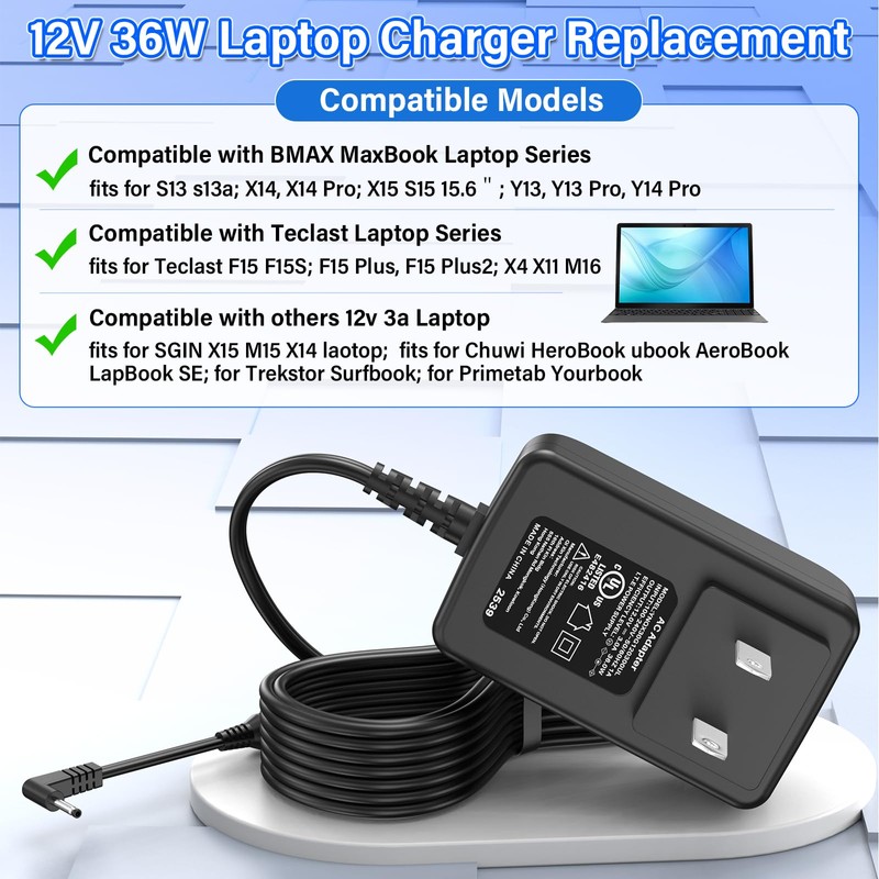 12V Laptop Charger Replacement Compatible with BMAX MaxBook Computer