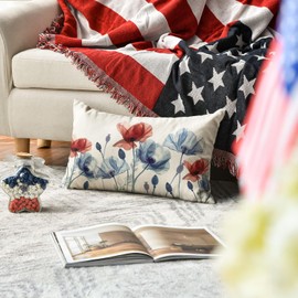 AVOIN colorlife 4th of July Red and Blue Poppy Floral Throw Pillow Cover, 12 x 20 Inch Memorial Day Independence Day Patriotic Decor Cushion Case for Sofa Couch
