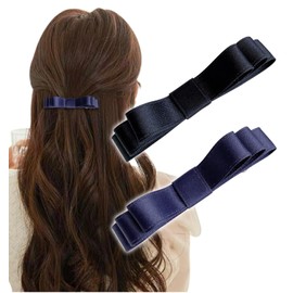 Herbeluemily Barrette Ribbon, Set of 2, Satin, Simple, For Adults, Formal, Stylish, Hair Clip, Present, Black + Navy