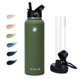 OcTecho Metal Water Bottle with Straw, 1200ml Stainless Steel Water Bottle 2 Leakproof Lids, BPA Free Double Walled Vacuum Insulated Water Bottle Thermal for 12h Hot & 24h Cold,for Travel-Olive Green