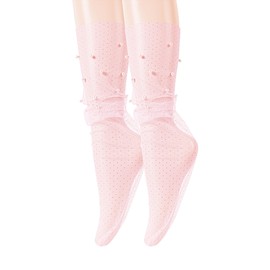 Violet Mist Women Lace Socks Mesh Pearl Socks Glitter Lace Loose Socks Sparkly Decorated Ankle High Socks Metallic Sheer Mesh Slouch Socks Girls Shimmer See Through Socks Shiny Transparent Nylon Socks