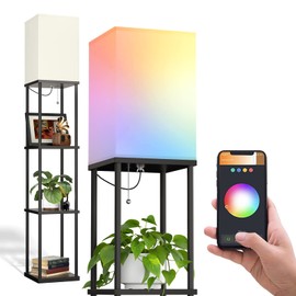 addlon Floor Lamp with Shelves, 4-Tier Modern Shelf Lamp with RGB Smart Bulb, APP Control Standing Lamp with White Lamp Shade, Floor lamp for Living Room, Bedroom- Black