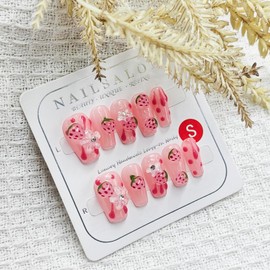 10 Pcs Pink Coffin Press on Nails Handmade Fake Nails Luxury Hand-Painted Nails Medium False Nails with 3D Strawberry, Flower Design Reusable Acrylic Nails Press ons Cute Summer Nails for Women (S)