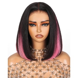 Arabella 12inch 6x6 Bob Wig Human Hair and 4 Pcs 1B/Pink Clip in Hair Extensions Ready to Go Glueless Wig Real 210% Density Straight Glueless Bob Wigs Human Hair Pre Cut Lace Pre Bleached Tiny Knots