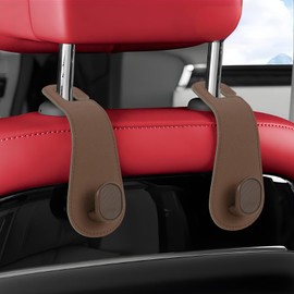 Hovom 2PCS Car Seat Headrest Hook, Purse Hooks for Cars, Leather Auto Seat Hanger for Grocery Bag Handbag Coat Umbrella, Headrest Hanger Storage Organizer Car Accessories (Brown, Single Hook)