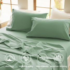 BISELINA 100% Washed Cotton Sheet Set Full Size 4 Pieces Soft Breathable Durable Chic Bedding Set for All Season - Grayish Green, Full