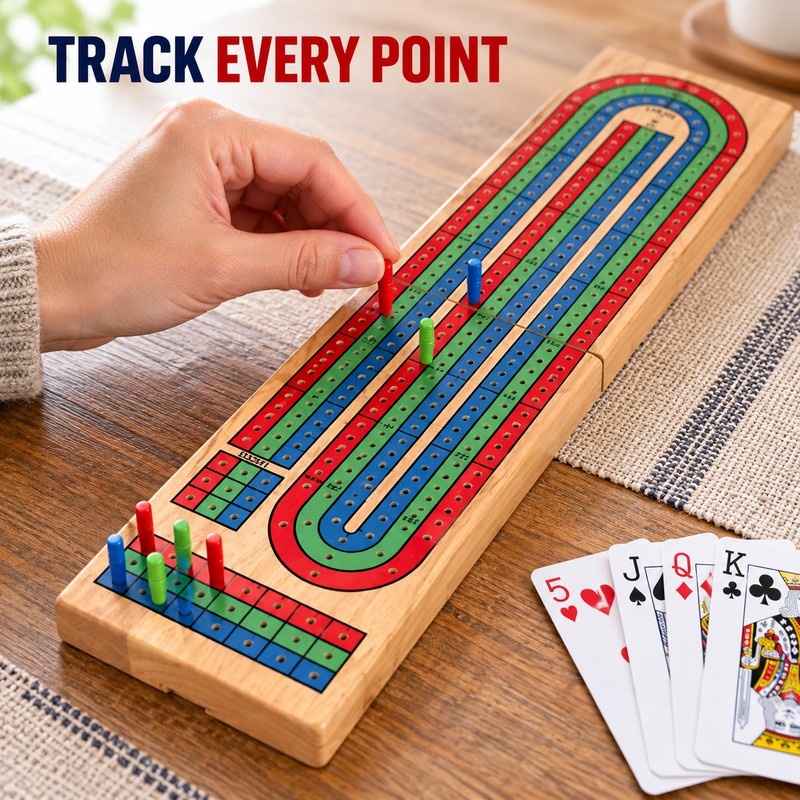 Wooden 3-Track Cribbage Board Game with 9 Pegs, Playing Cards