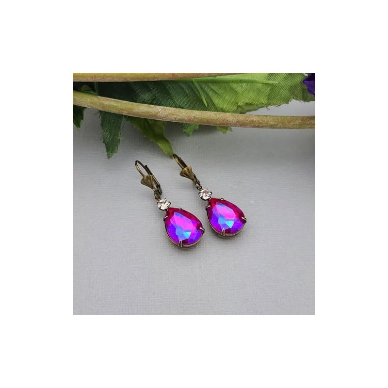 FS Brand Teardrop Dangle Prong Setting Earrings. (Fuchsia Blue)