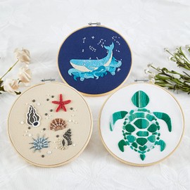 Armindou 3 Sets Embroidery Starter Kits with Coastal Pattern for Adults Beginners, Beach Stamped Cross Stitch Kit Hand DIY Needlepoint Kit, 3 Embroidery Hoops, 3 Embroidery Fabric, Needles and Threads