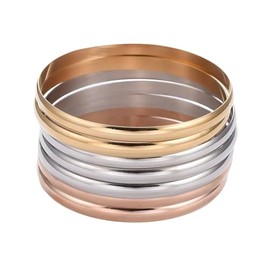 Set de 7 Brazaletes Semanarios Dorados, Acero Inoxidable, Chapa de Oro 18k, Diseño Grueso (Oro Rosa con Dorado y Plateado, Pequeño 6 Centímetros Diámetro)