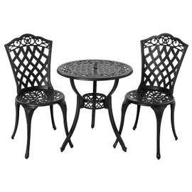 NUU GARDEN 3-Piece Patio Bistro Set Outdoor Cast Aluminum Bistro Table and Chairs Set of 2, Outdoor Patio Bistro Set with Umbrella Hole for Patio Balcony, Black