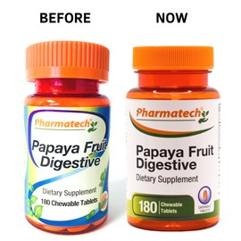 PHARMATECH Papaya Fruit Digestive, Improve Digestion, Tasty Flavor, Enzyme Supplement, for Bloating and Constipation, Gas Relief, 180 Chewable Tablets