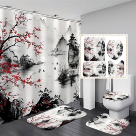 Pretyw 4-Piece Cherry Blossoms Shower Curtain Set Mountain Bathroom Set with Shower Curtain and Rugs, Japanese Style Bath Curtain with Hooks for Home Decor
