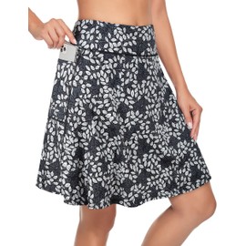 KORALHY Women's 20" Knee Length Skorts Skirts Tennis Athletic Golf Causal Skort with 4 Pockets, Grey Leaves, XX-Large