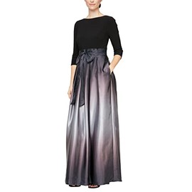 S.L. Fashions Women's Long Satin Mother of The Bride Dress with Pockets, Formal Party Gown (Petite and Regular Sizes), Black and Silver, 4P