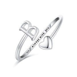 Ritach Initial Rings for Women Sterling Silver Engagement Heart Rings Non Tarnish Adjustable Letter Rings for Trendy Wedding Gifts (B)